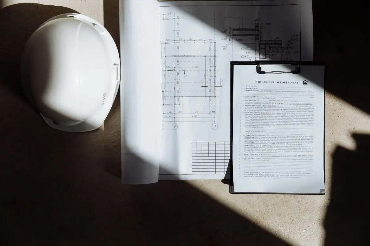 Contrat de construction posé sur des plans d’architecte à côté d’un casque de chantier