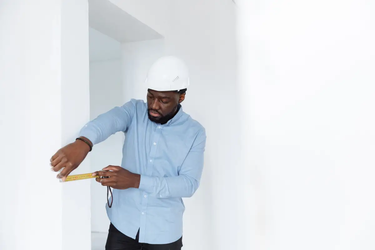 Expert en casque mesurant un mur lors d’une expertise