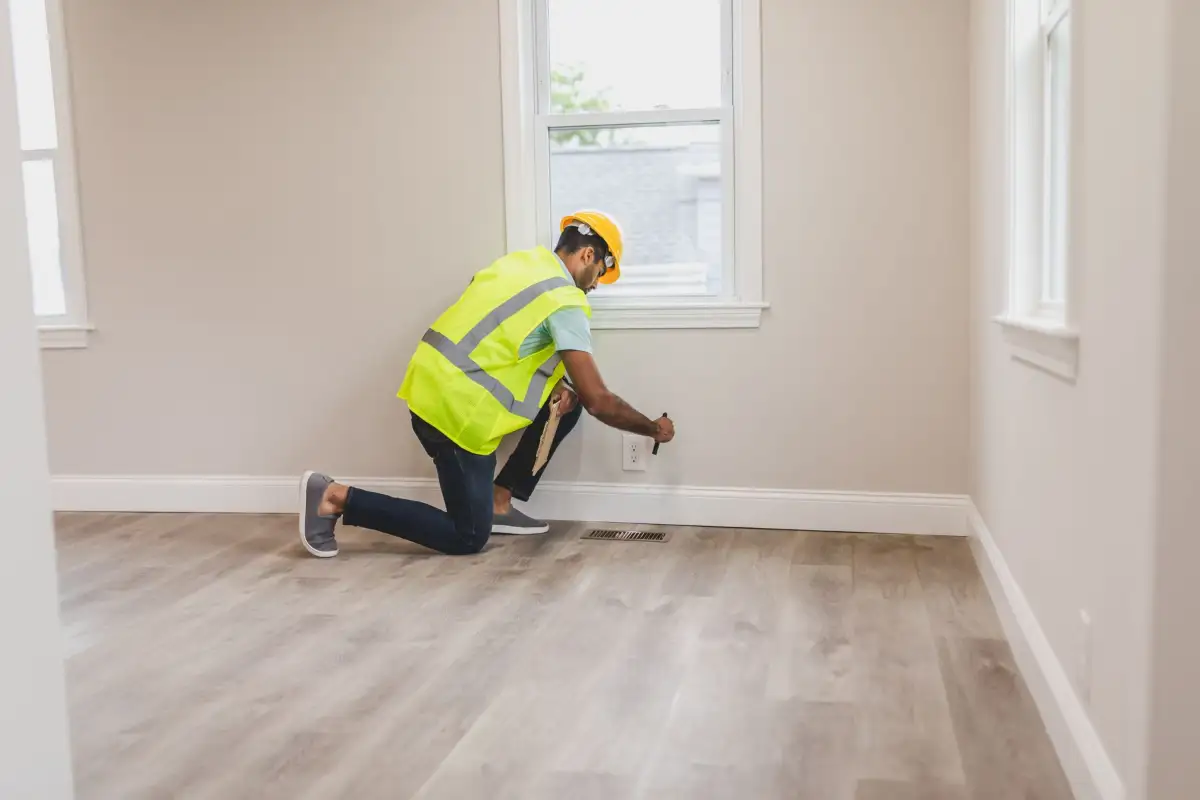 Professionnel inspectant les finitions d’une pièce avant la réception des travaux